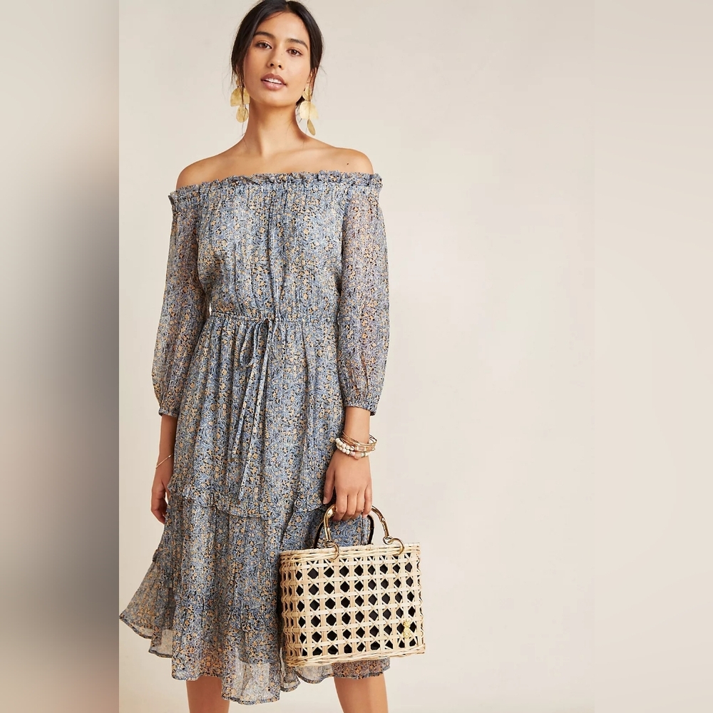 Anthropologie Kira Blue Yellow Off Shoulder Floral Peasant Dress Women Size 4